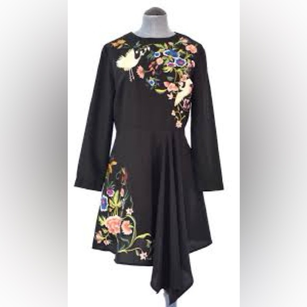 ASOS Floral Embroidered Asymmetrical Black Skater Dress NWOT never worn sz 14